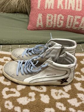 Brand new GG womens White and Light Gray High-Top Sneakers with Light Blue Laces